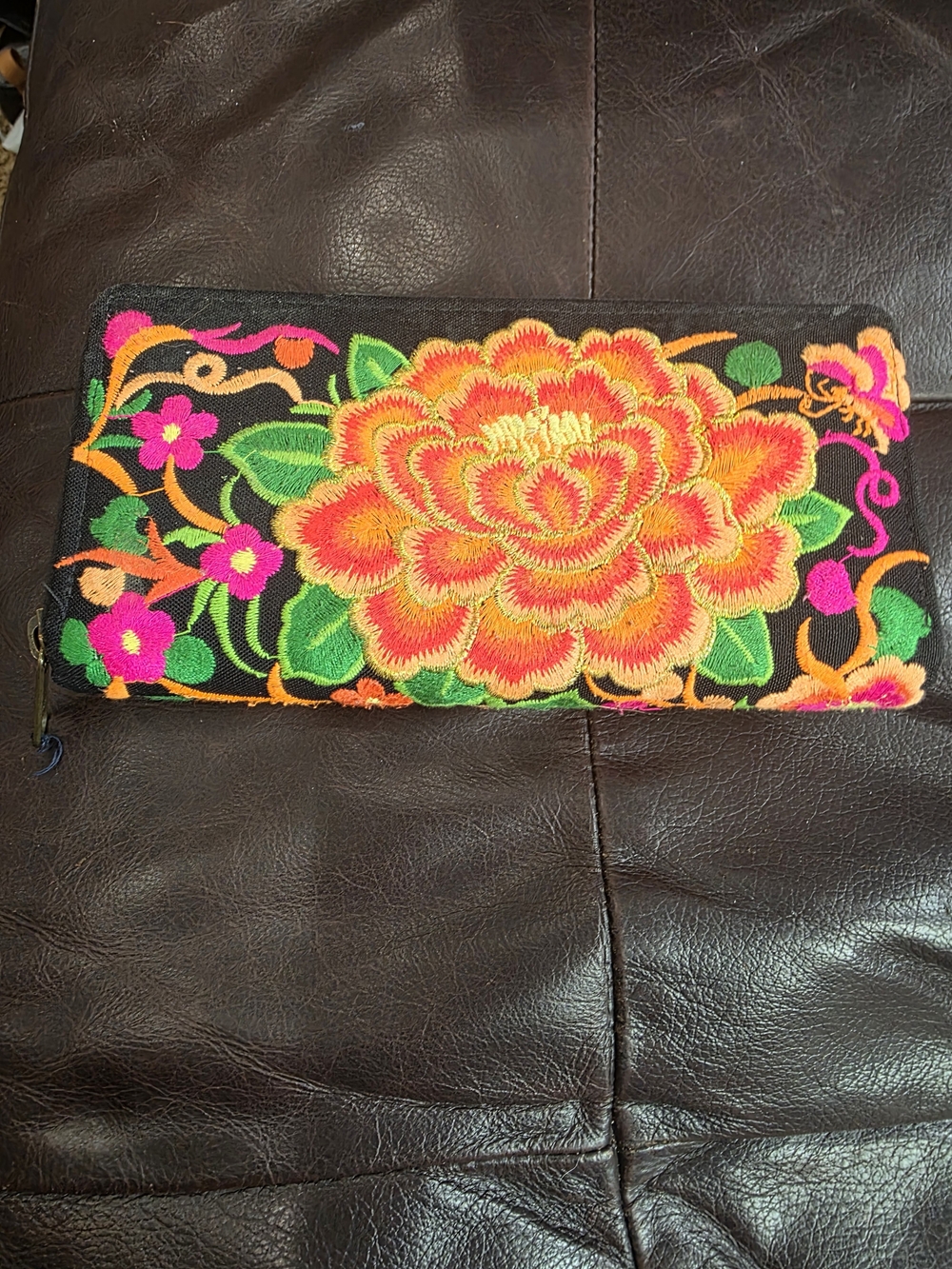 Embroidered Floral Zip Wallet - Black with Orange & Pink